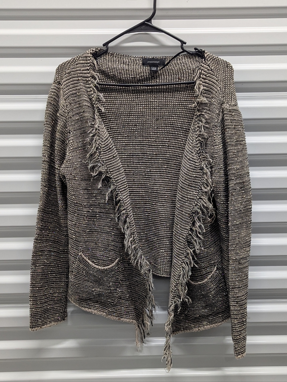 Atmosphere Minimalist Normcore Taupe and Black Fringe Knit Open-Front Cardigan L